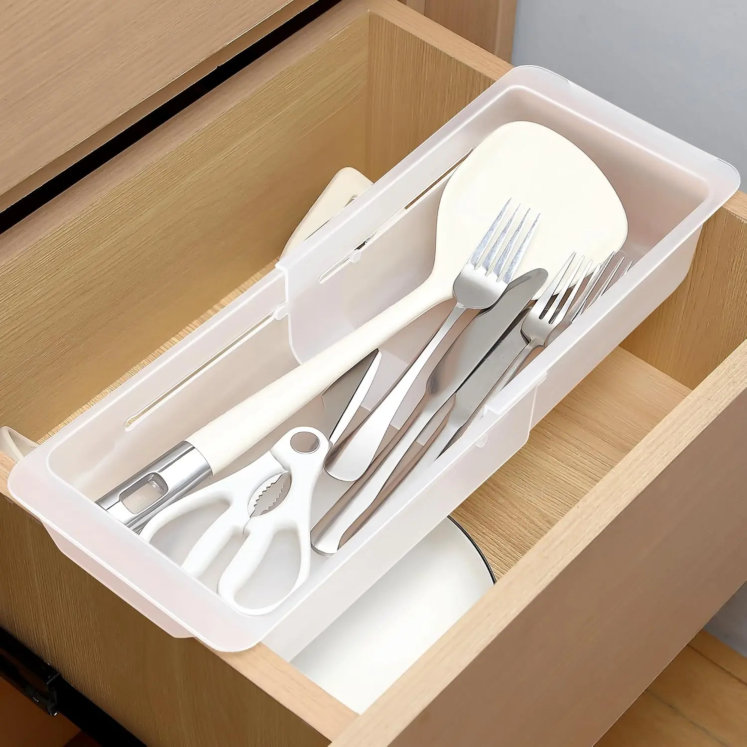 1 Pack Adjustable Deep Drawer Organizer Storage Bin(12.4" to 18”) | Expandable Drawer Storage, Adjustable Size, Kitchen Cabinet Organization