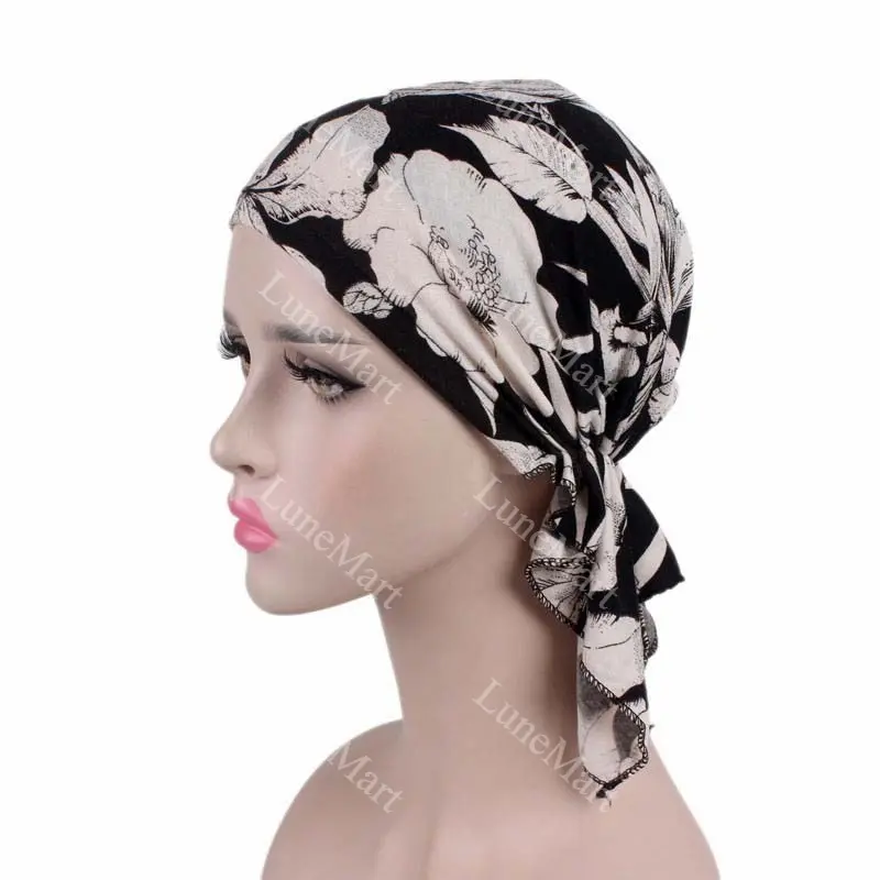 Women's Black White Floral Print Polyester Stretch Cotton Pre-Tied Triangle Turban Hat - Long Tail Elastic Slip-On Chemo Cap Hair Cover with Polyester Fabric, Triangle Shape, Unisex Wear, Fashion Turban, Head Scarf Turbans