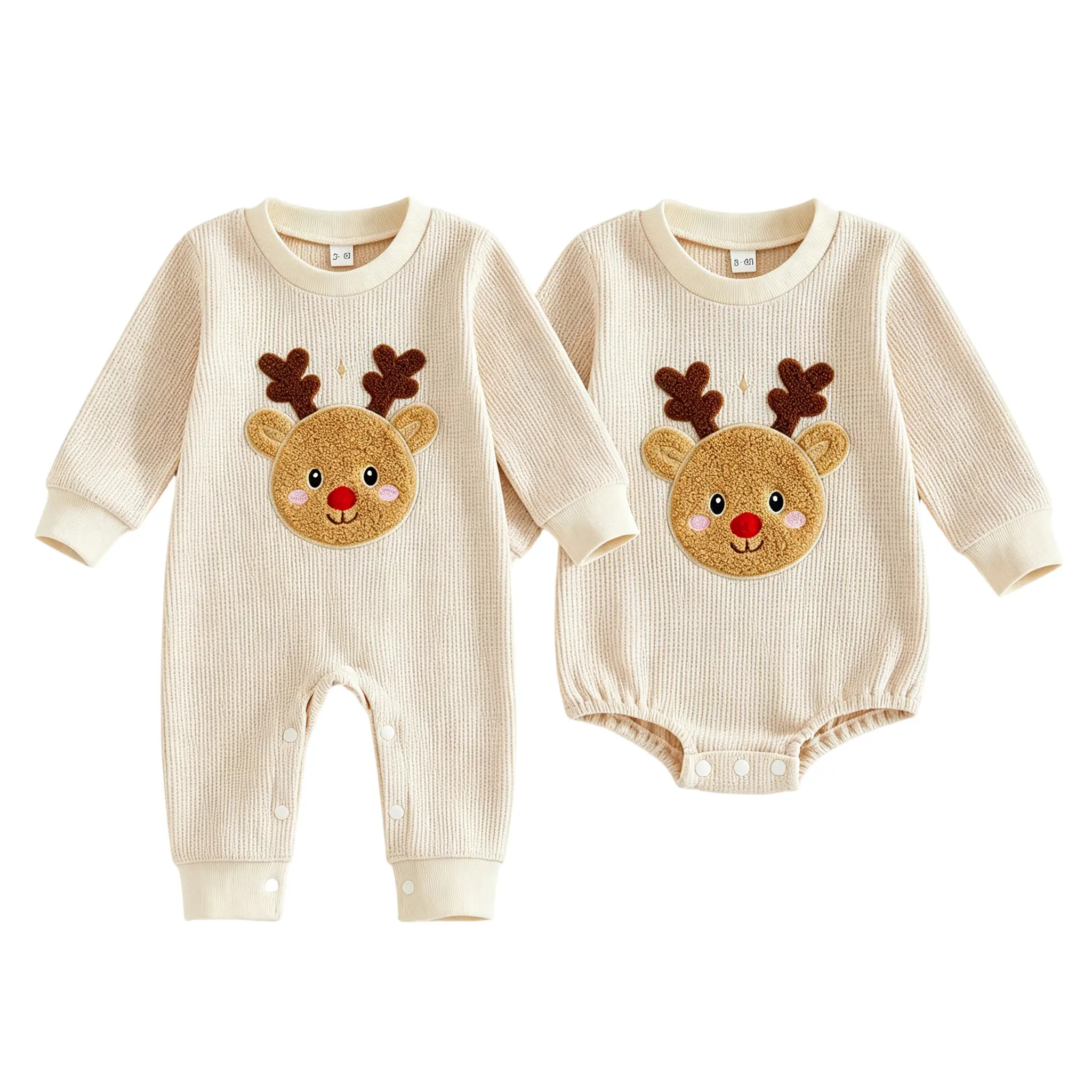 Infant Baby Boy Girl Christmas Jumpsuit Waffle Reindeer Embroidery Long Sleeve Romper Fall Winter 0-18 Months