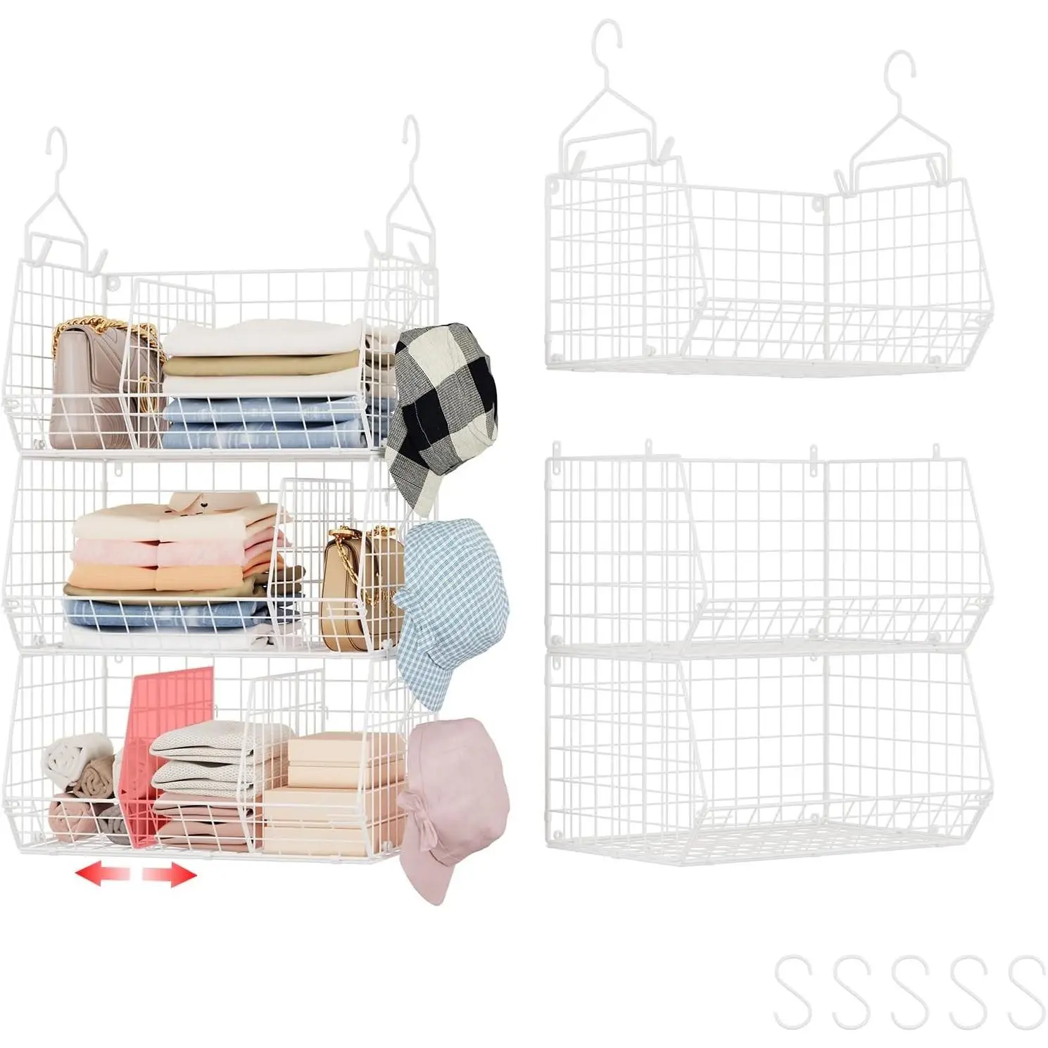 3 Tier Extra Large Closet Hanging Shelves 16.5"L x 11.8"W x 33.6"H with Divider, Closet Organizer Storage with 5 S Hooks for Clothes Shoes Handbags Accessories White