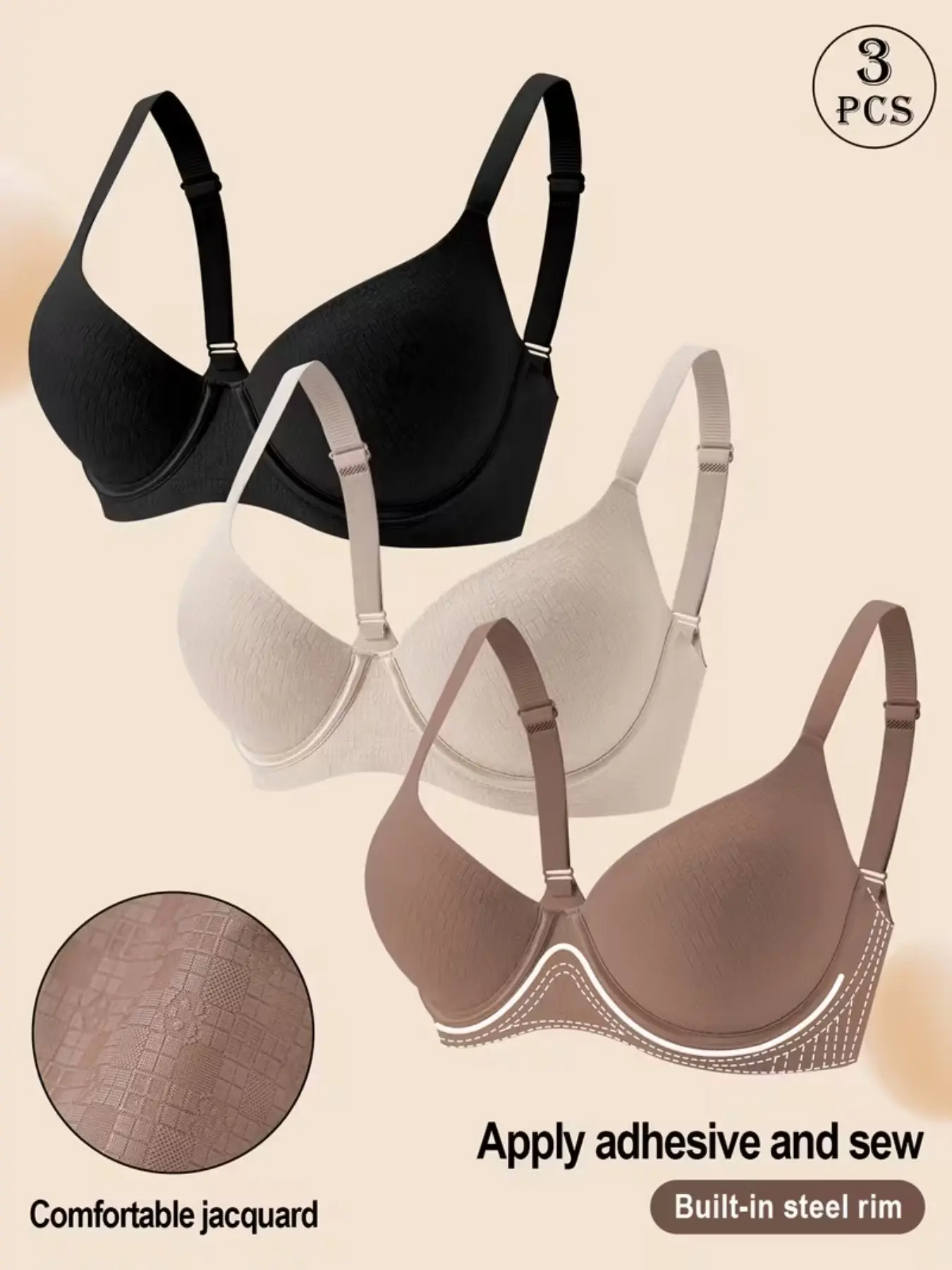 3-Pack Women's Lingerie Bras, High Support Underwire Bra with Steel Ring, Comfortable Breathable Padded Bra, Adjustable Straps