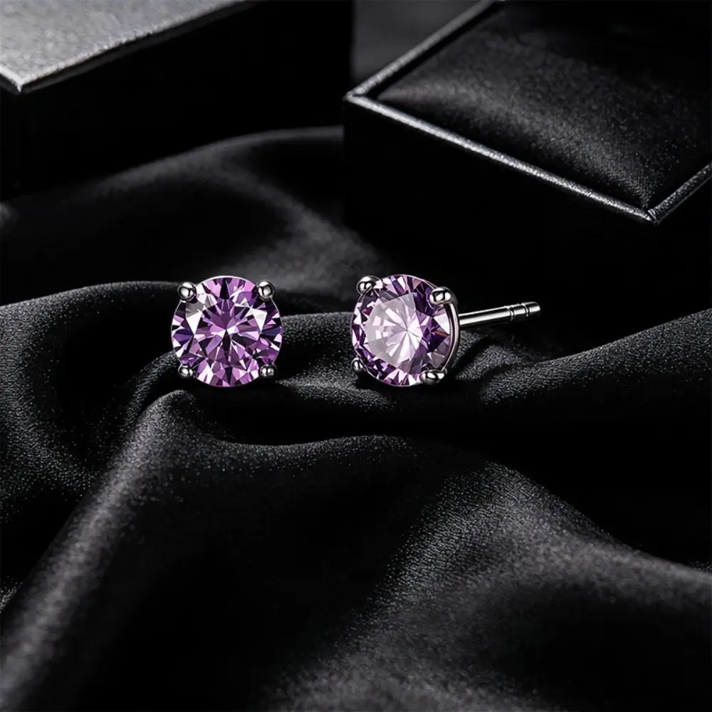 Synthetic Purple Zircon 4-Claw Stud Earrings, Luxury Fashion Costume Jewelry, Ideal Valentine's Gift with Exquisite Craftsmanship