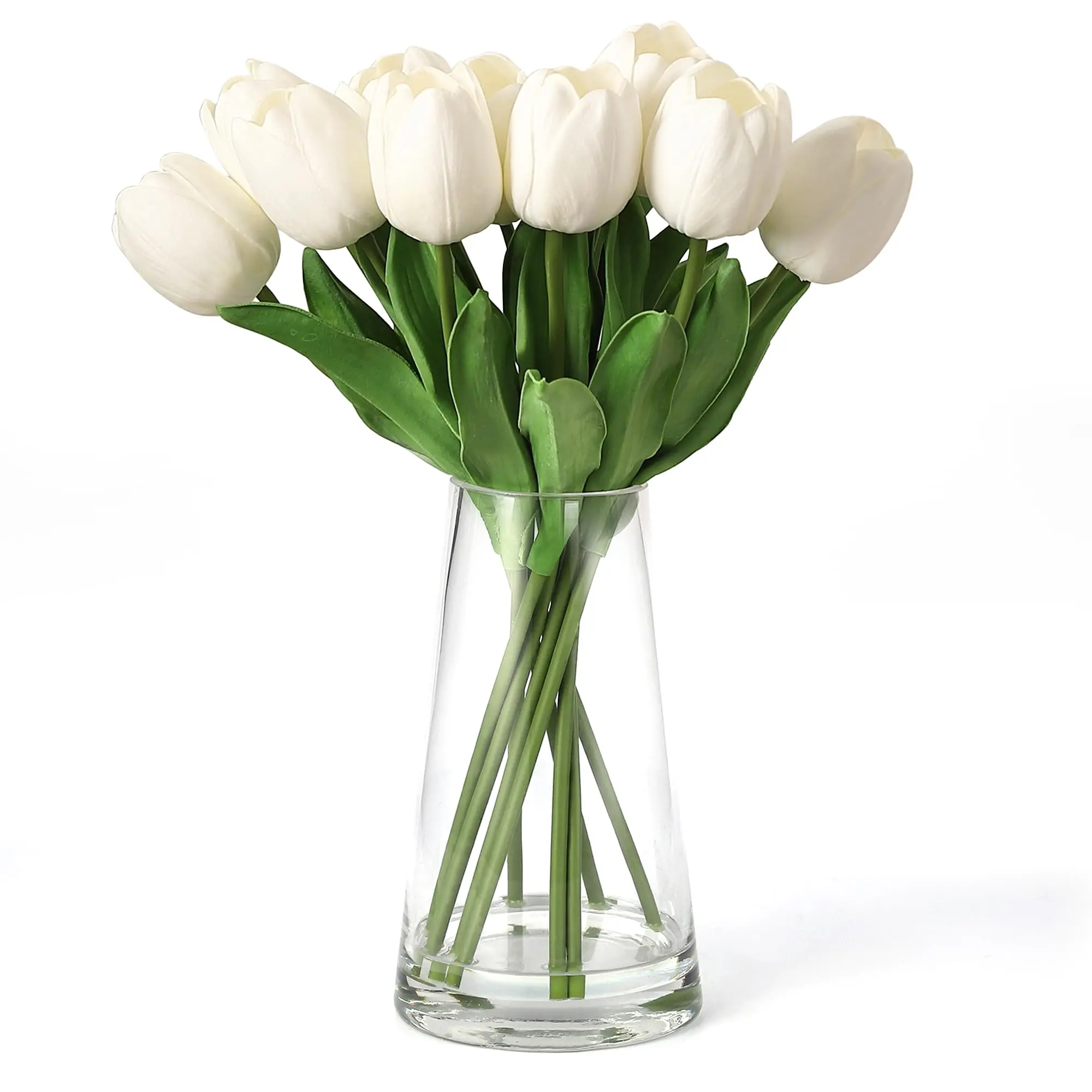 GARVEE 10 Pcs Real Touch Artificial Tulips with Glass Vase - Elegant White Spring Flower Arrangement for Easter, Wedding, Home and Table Centerpiece Decoration