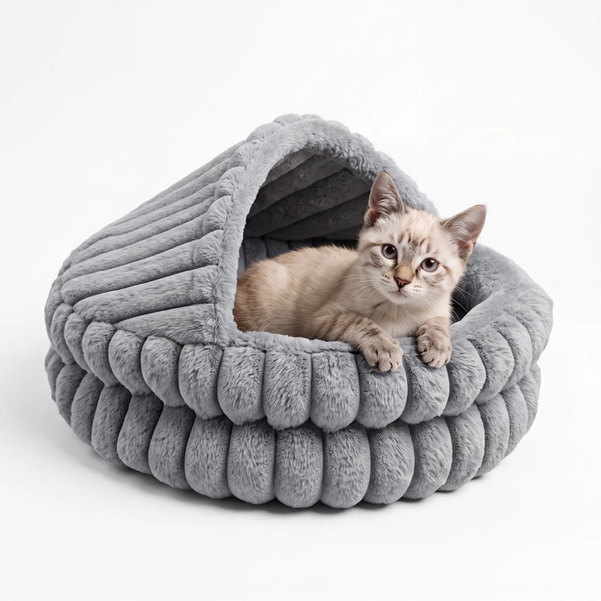 Hooded Cat Cave Bed, Round soft Enclosed Calming Cat Bed for Indoor Cats & Small Dogs - Cozy Self-Warming Hideaway - Machine Washable - 50 cm (19.7 in) - White/Cream