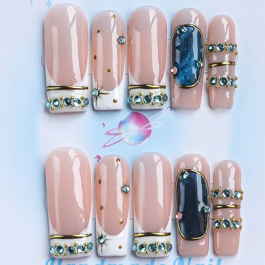 Nailssbysheccid，10pcs press-on nails,Long coffin, 100% handmade, simple style, combined with French style, 3D,suitable for family dinners, dates, weddings, it is the best gift for girls! Comes with jelly glue, crystal sticks and twisting rods.