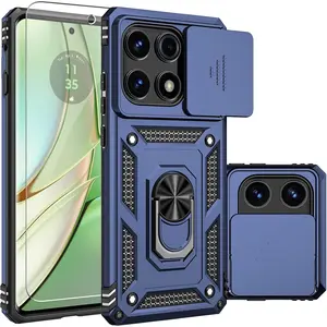 for Motorola Edge 2025 Case, Built in Slide Camera Lens Cover+ Finger Ring Holder Kickstand+ Screen Protector, Heavy Duty Shockproof Full Body Protective Phone Case, Blue