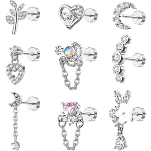 9Pcs 16G Cartilage Earrings for Women, 316L Stainless Steel Stud Earrings with CZ, Flat Back Piercing Jewelry