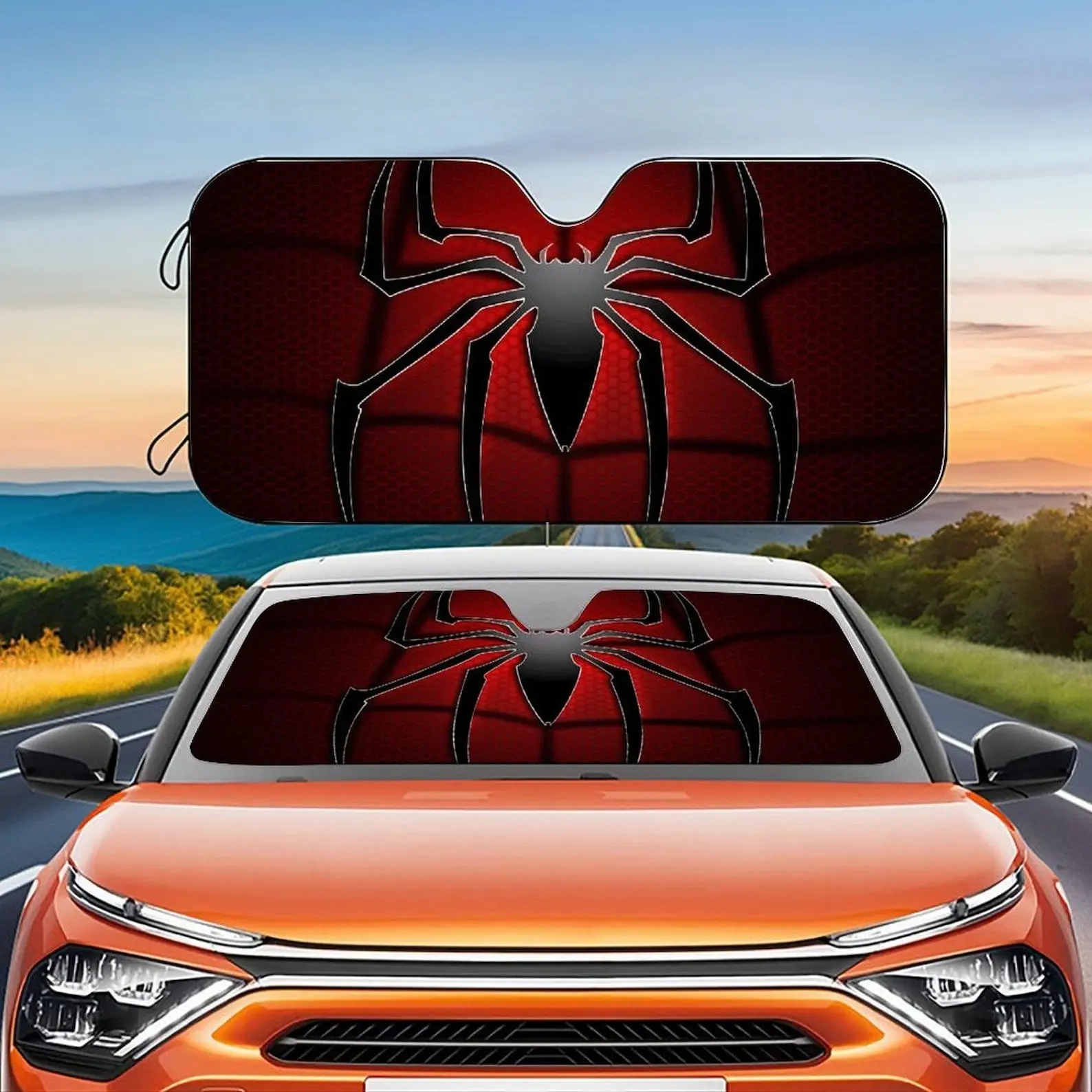 Summer car sunshade, retro spider series style car windshield, red fashionable design, UV isolation and thermal insulation performance are essential for car accessories