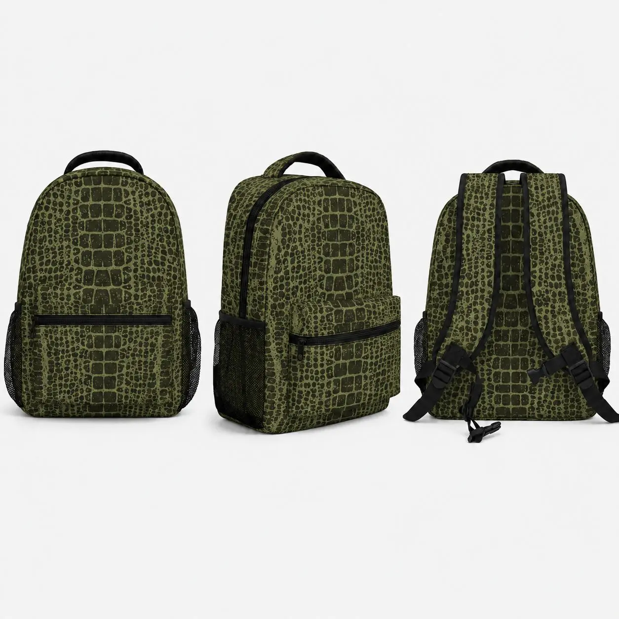 Olive Green Crocodile Print School Backpack for Kids Teens, Unisex Reptile Scale Bookbag with Front Zipper Pocket, Dual Side Mesh Pockets and Top Handle, Aesthetic Student Daypack for Back to School, Classroom, Travel, Campus and Everyday School Use
