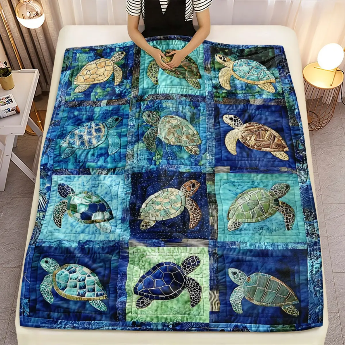 Patchwork Sea Turtle Quilted Throw Blanket Thick 3 Layer Flannel Blanket Blue Teal Ocean Coastal Beach Nautical Home Decor Birthday Gift For Turtle Lovers