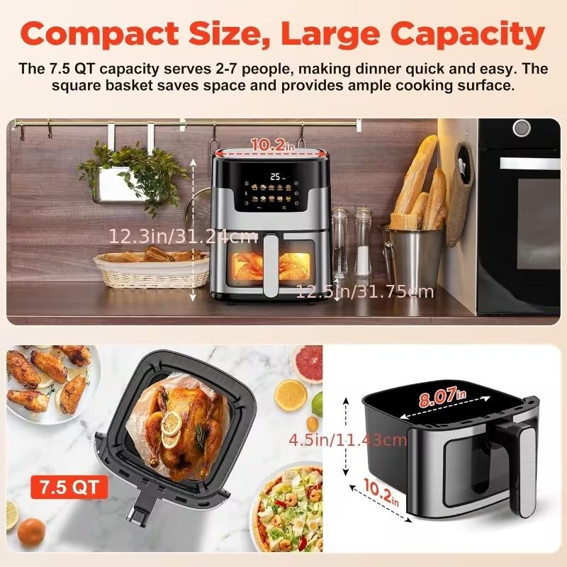 [10-in-1 Air Fryer] 10-in-1 Digital LED Touch Screen Air Fryer, 7.5QT stainless steel material Oilless Cooker with 10 Preset Cookings, Dishwasher-Safe Basket & 20pcs Air Fryer Paper Liners