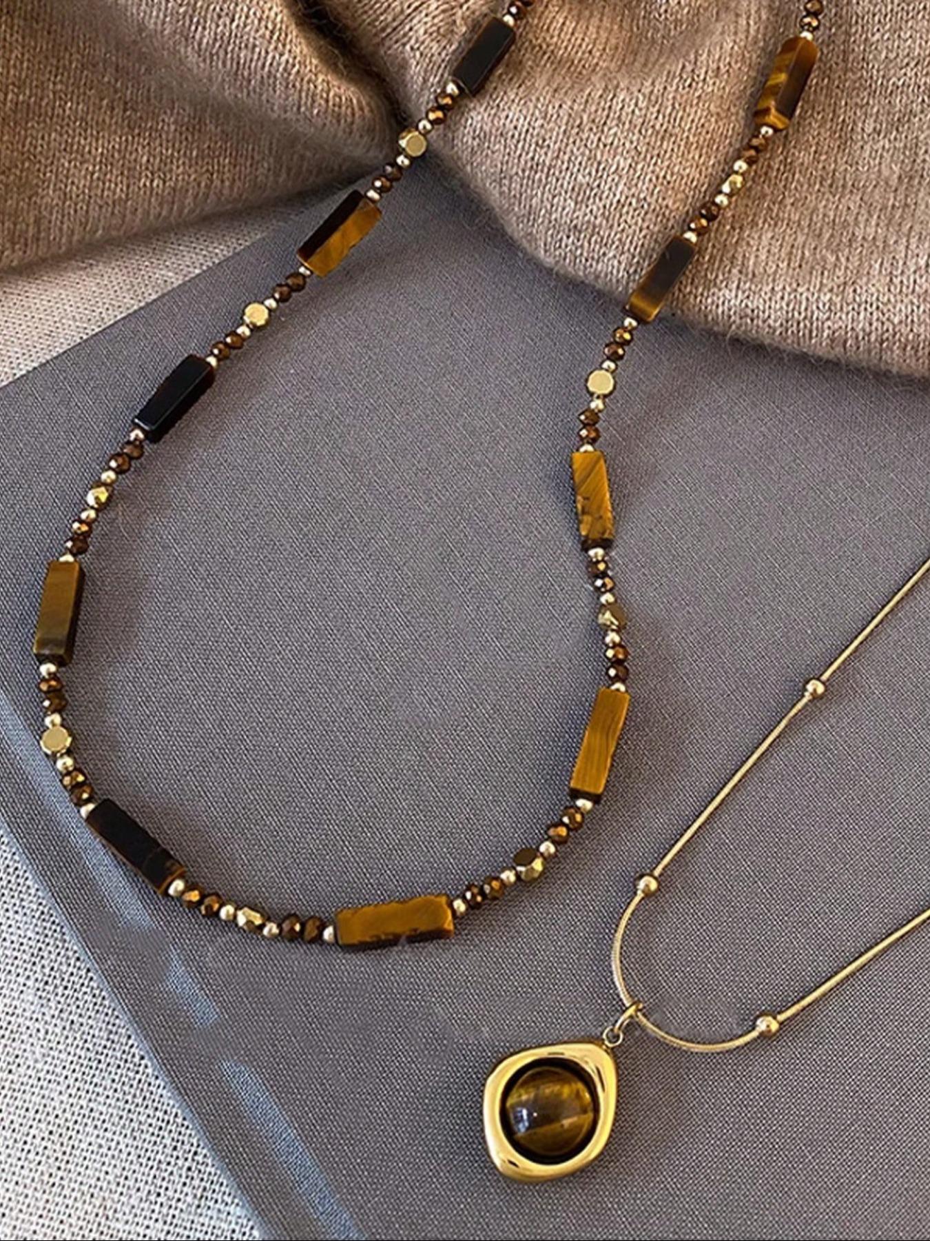 Women's Stainless Steel Necklace Set, Vintage Artificial Tiger's Eye Stone Pendant Jewelry, Artificial Gemstone Necklace for Daily Wear & Gifts, Layered Necklaces, Fashion Accessory Necklace, Fashion Necklace (The color of the stone is random)