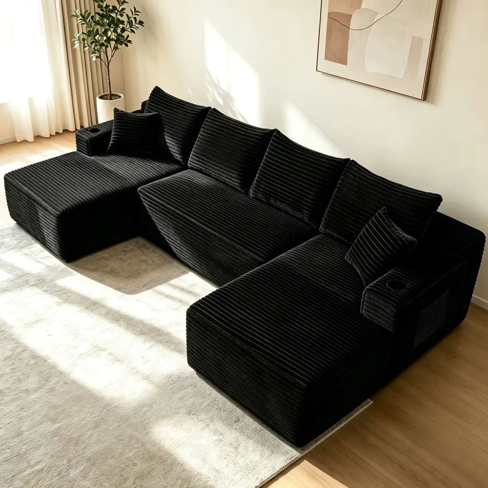 134" Black Plush Sturdy Comfy Cloud Sectional Sofa - U-Shape Chaise, Side Pockets, Cup Holder, Modern Modular Deep Seating Upholstered Couch (133.50x66.00x26.00in, 5-Seat Fabric Foam Spring, No Assembly) for Living Room, Comfy Couch