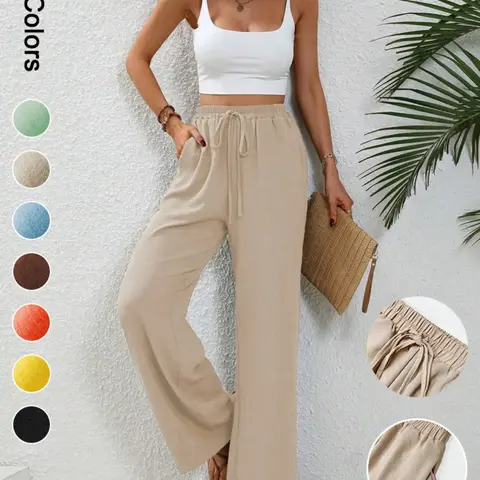Women's Plain Pocket Tie Front Elastic Waist Straight Leg Pants, Casual High Waist Wide Leg Trousers for Daily Wear, Ladies Bottoms for All Seasons, Baggy Pants