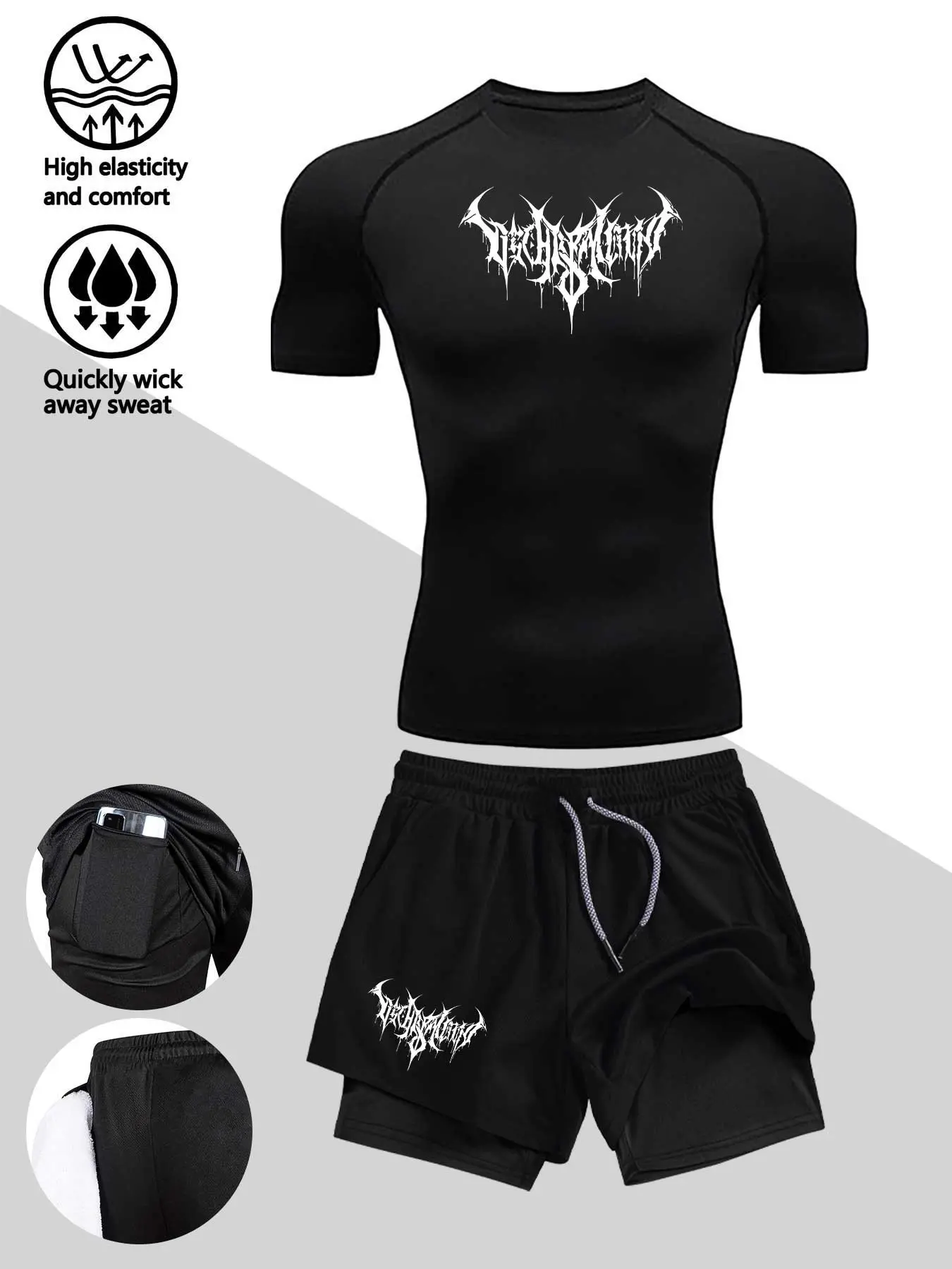 Men's Two-Piece Sporty Set, Activewear Workout Set, Print Quick-Dry Tight-Fit Workout, High Elasticity, Moisture-Wicking, Ideal for Fitness & Cycling