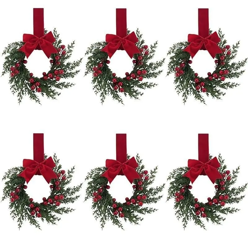 4/6 Pack Artificial Christmas Wreaths, 10 Inch Winter Green Wreath with Red Berries and Velvet Bow, Front Door Holiday Porch Wall Decor