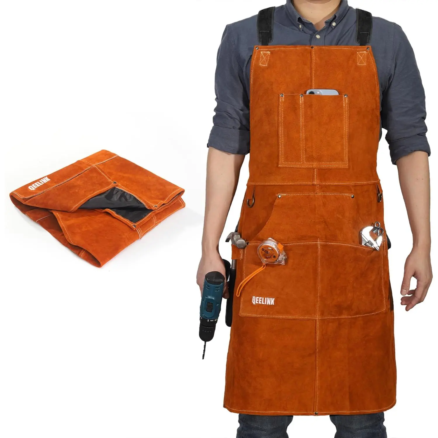 Leather Welding Apron 6 Pockets Heat Flame Resistant for Blacksmith |   Split Cowhide Work Tool Apron with Aramid Thread 24" x 36" |   Heavy duty |   Adjustable M to XXXL for Men & Women