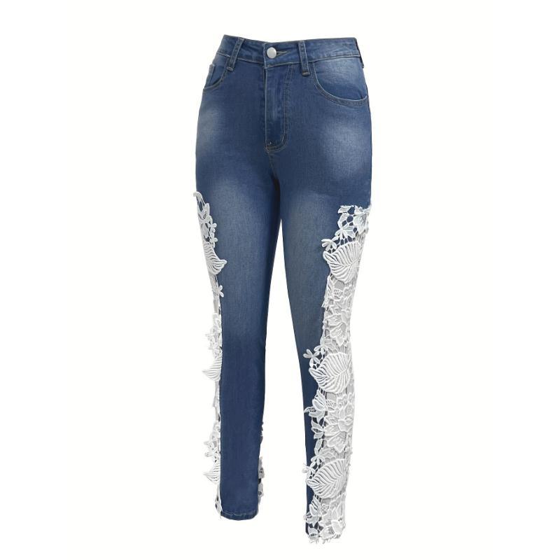 Elegant Skinny Fit Hollow Out Lace Contrast Denim Jeans, Women's Denim Pants & Clothing
