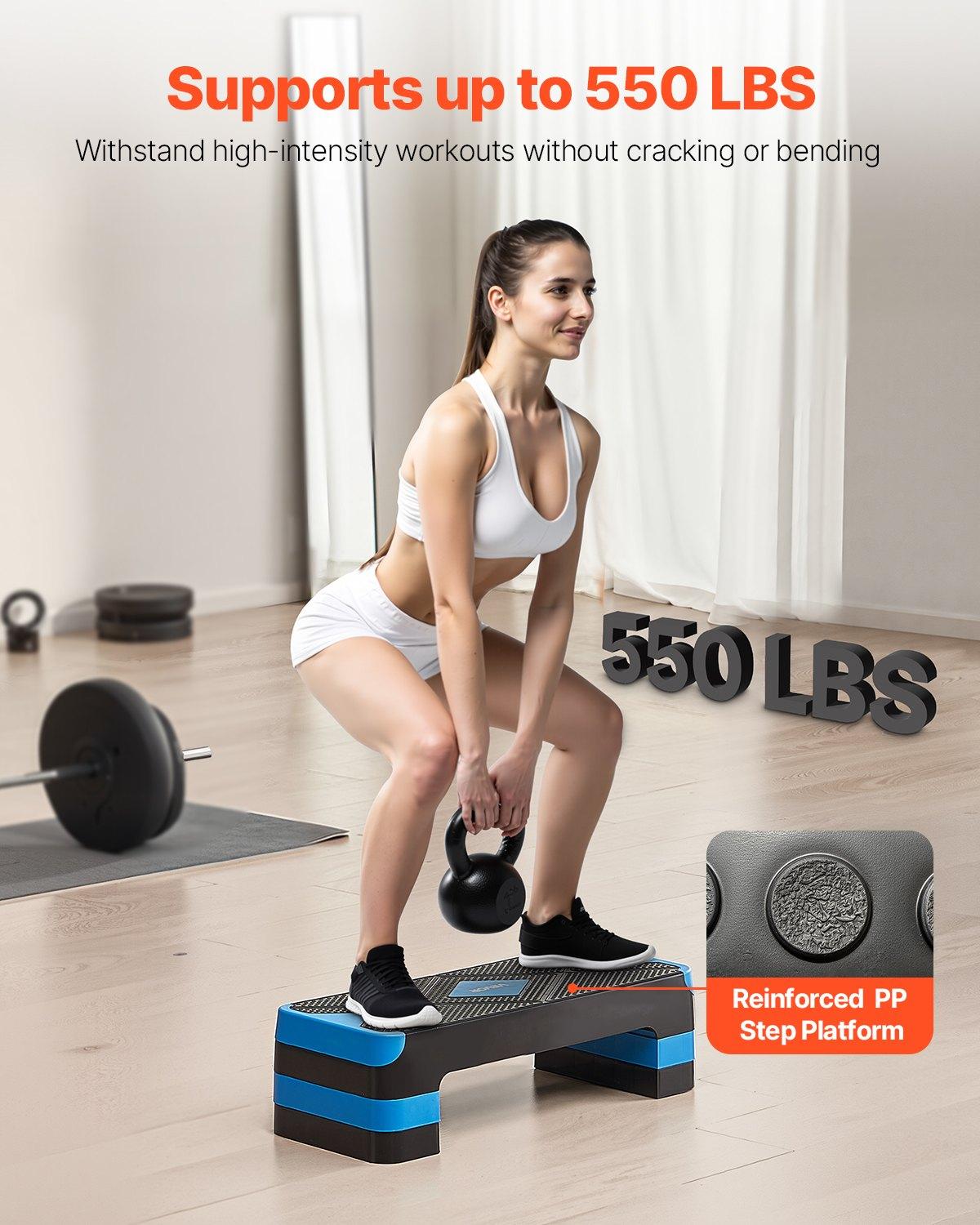 VEVOR Aerobic Exercise Step Platform, 28-Inch Workout Aerobic Stepper, Height Adjustable Fitness Training Step Deck Trainer with 4 Risers, Non-Slip Surface Bench for Home Gym Cardio Strength, Blue VEVOR Aerobic Exercise Step Platform, 28-Inch Workout Aerobic Stepper, Height Adjustable Fitness Training Step Deck Trainer with 4 Risers, Non-Slip Surface Bench for Home Gym Cardio Strength, Blue