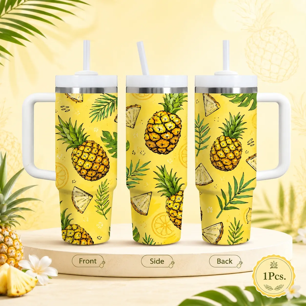Tropical Pineapple Palm Leaf Water Bottles 40oz Stainless Steel Vacuum Insulated Tumbler with Handle & Straw | Long-Lasting Cold & Heat Retention, Leak-Resistant | For Iced Coffee, Water, Office, Gym & Travel