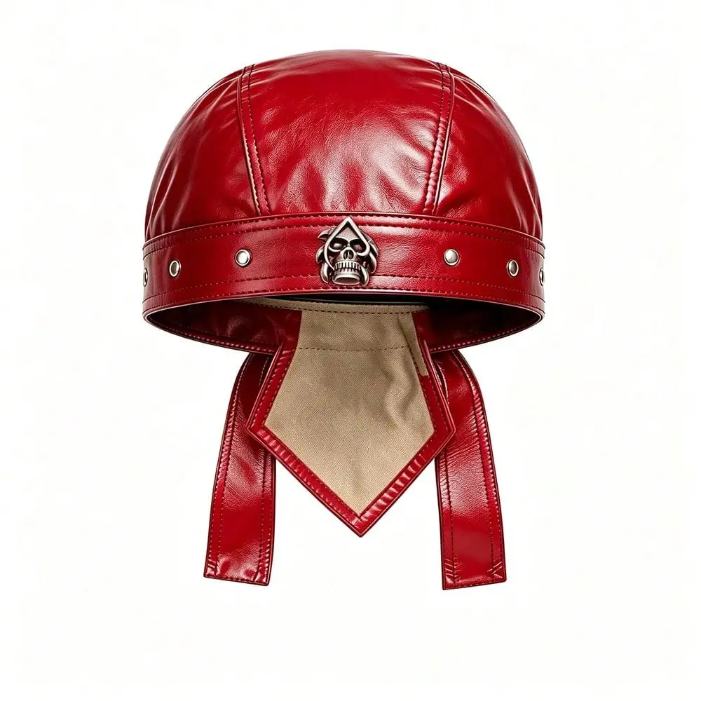 Women's Punk Stylish Skull Polyester Cycling Bandana Doo Rag, PU Leather Skull Cap - Red Fashion Accessory for Bikers, Halloween Costume, Casual Clothes, Plain