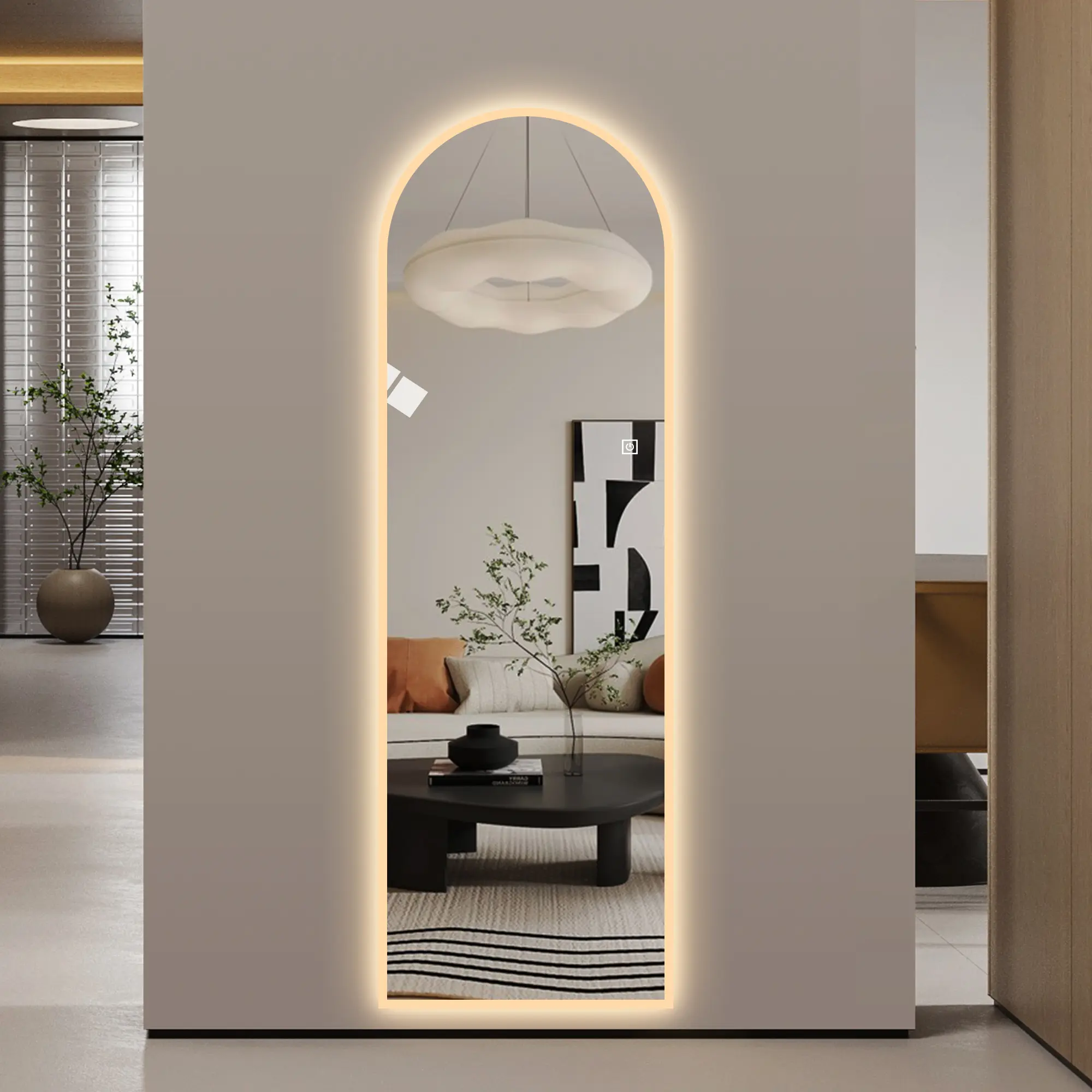 65x21 Elegant LED Full Length Wall Mirror with Symmetrical Arch Decor, Frosted Glass Border, Dimmable 3-Color Temperature Lighting, Copper-Free Silver Glass, Hardwired/Plug-In for Bedroom, Living Room (Home Supplies, Reflection-Enhancing Mirror), Home Ref
