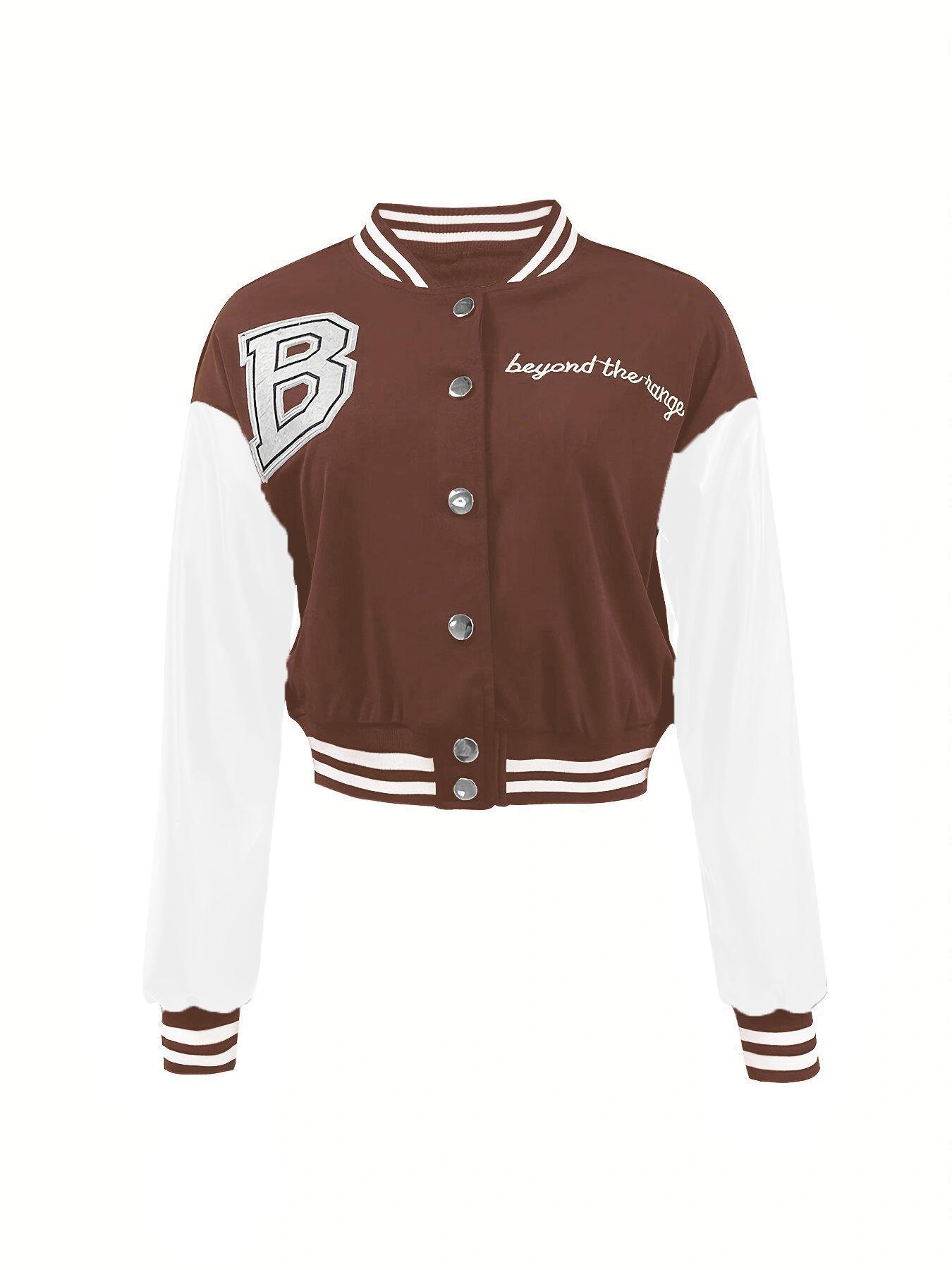 Women's Black Faux Leather Letter Patched Button Front Jacket, Casual Drop Shoulder Long Sleeve Baseball Collar Outerwear for Fall & Winter, Ladies Clothes for Daily Wear, Womenswear