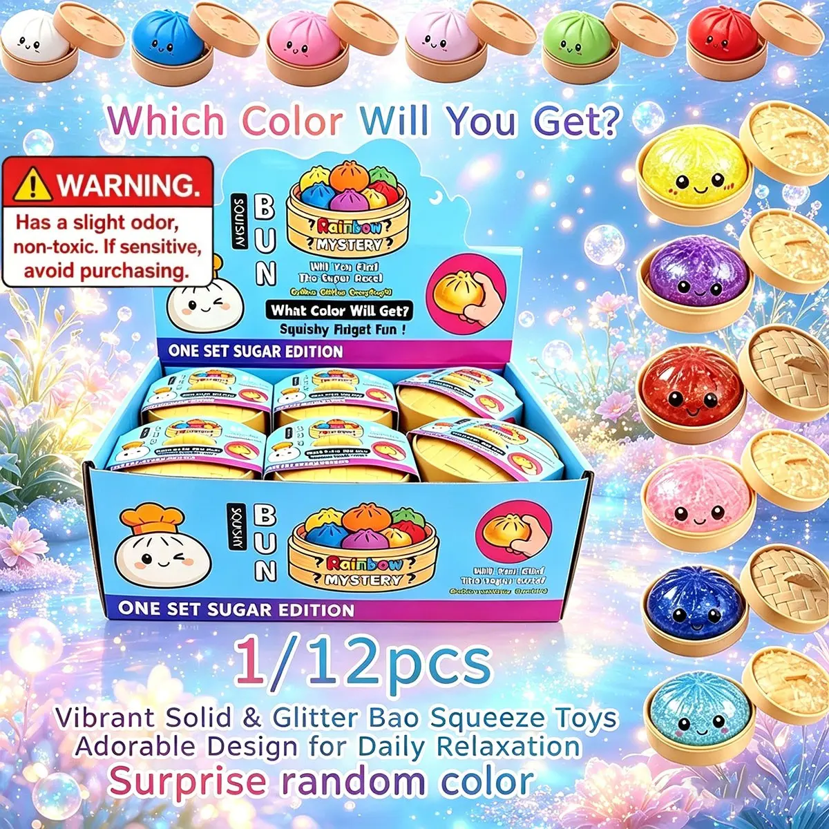 1/12 Pack Vibrant Solid & Glitter Bao Squeeze Toys with Mini Steamer Basket, Soft Stretchable Stress Relief Balls, Random Color Cute Dumpling Fidget Toys, Ideal Birthday & Party Gifts for Kids & Adults
