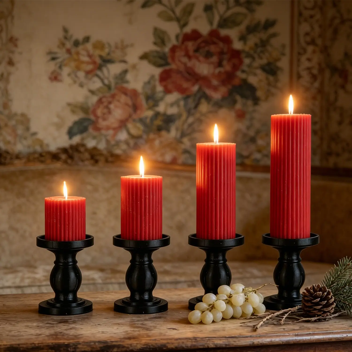 Antique Ribbed Red Pedestal Candles with Black Iron Candle Holders - Gradient Height Fluted Scentless Candlestick Kit, Farmhouse Rustic Table Centerpiece for Wedding, Home Dinner Party Photo Decor