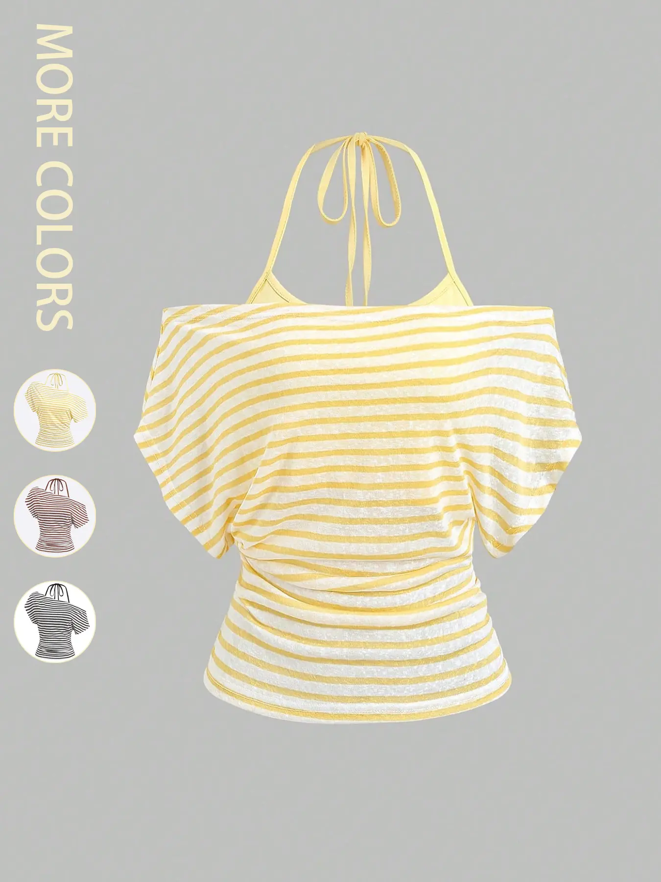 2pcs/Set Women's Casual Vacation Striped Loose Fit Batwing T-Shirt with Adjustable Tie Back Vest 2-Piece Set,  Summer Vacation Style,Comfortable and Stylish for Everyday Wear