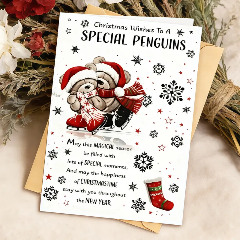 1 Christmas card with a special penguin, skating bear, and snowflake design, blank inside, suitable for sending holiday greetings to friends and family