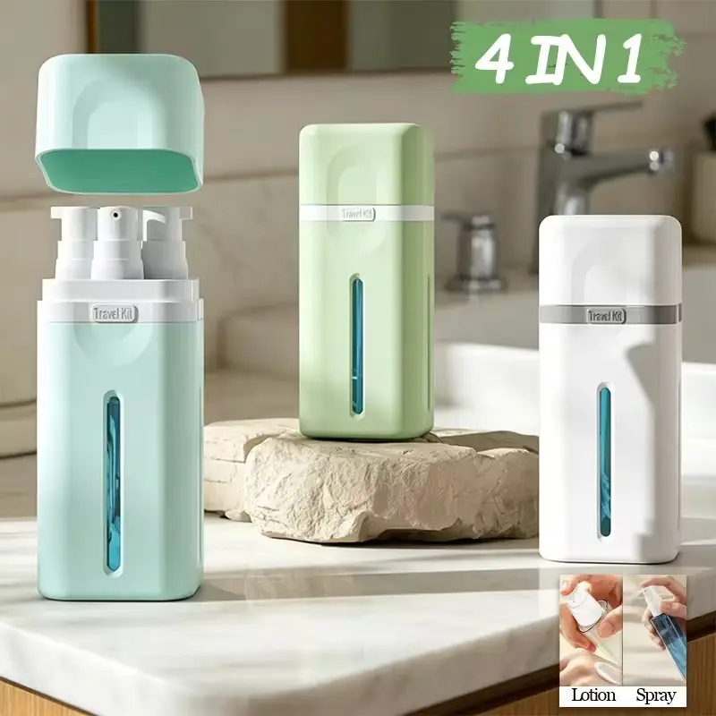 Four-In-One Travel Dispenser Bottle, Leak-Proof Portable Beauty Set, Refillable Shampoo, Shower Gel, Spray, Lotion, Ideal for Trips, Camping, Long Drives