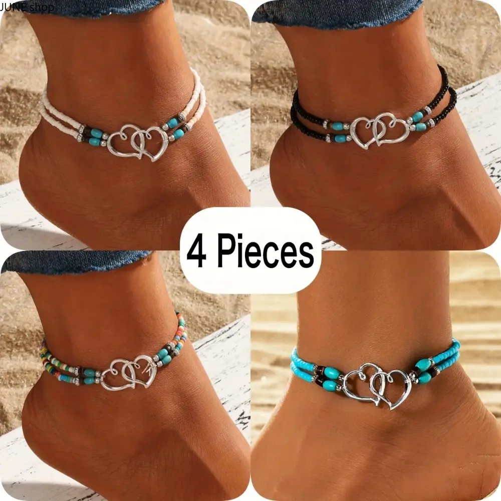 Beaded Anklet 4Pcs Set for Women Unisex, Shimmering Multicolor Delicate Hollow Double Heart Elastic Bracelet, Boho Chic Adjustable Foot Accessory For Daily Casual Outfits Beach Strolls And Light Sports Activities