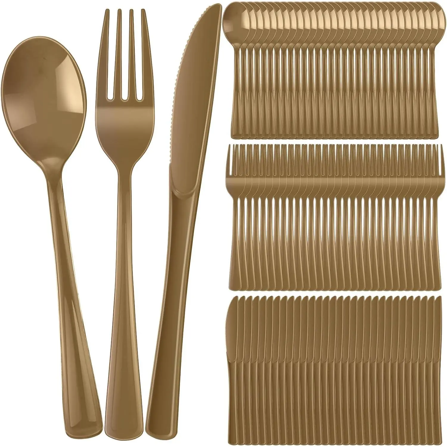 300 Pcs Heavy Duty Disposable Gold Plastic Cutlery Set, Includes 100 Spoons 100 Forks 100 Knives, Ideal for Parties Catering Family Gatherings