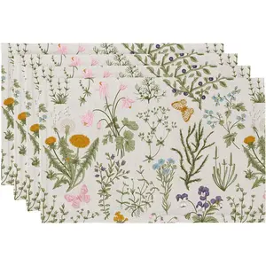 Boho Placemats Set of 4, 12x18 Inch Linen Fabric Floral Place Mats for Kitchen Dinning, Farmhouse Rustic Cloth Table Mats, Washable Placemat Botanical Party Table Décor, Wildflowers Herbs