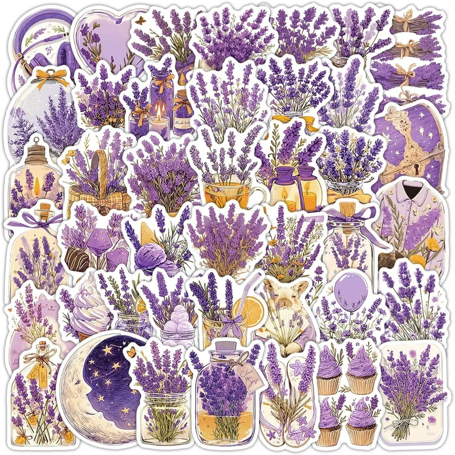 54 Pcs Lavender Purple Flower Stickers Pack for Water Bottles, Cartoon Purple Floral Waterproof Vinyl Stickers and Decals for Luggage Computer Phone Case Scrapbooking Junk Journal Notebook