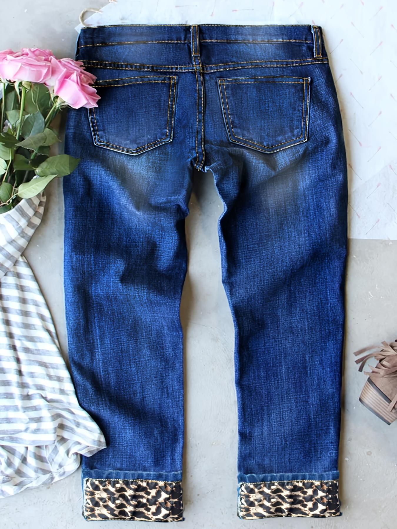 MHZ washed blue leopard print patchwork skinny jeans with multiple holes, buttons, built-in zipper closure, high waist, slim fit, casual and durable, street style, suitable for all seasons, women's plus size jeans