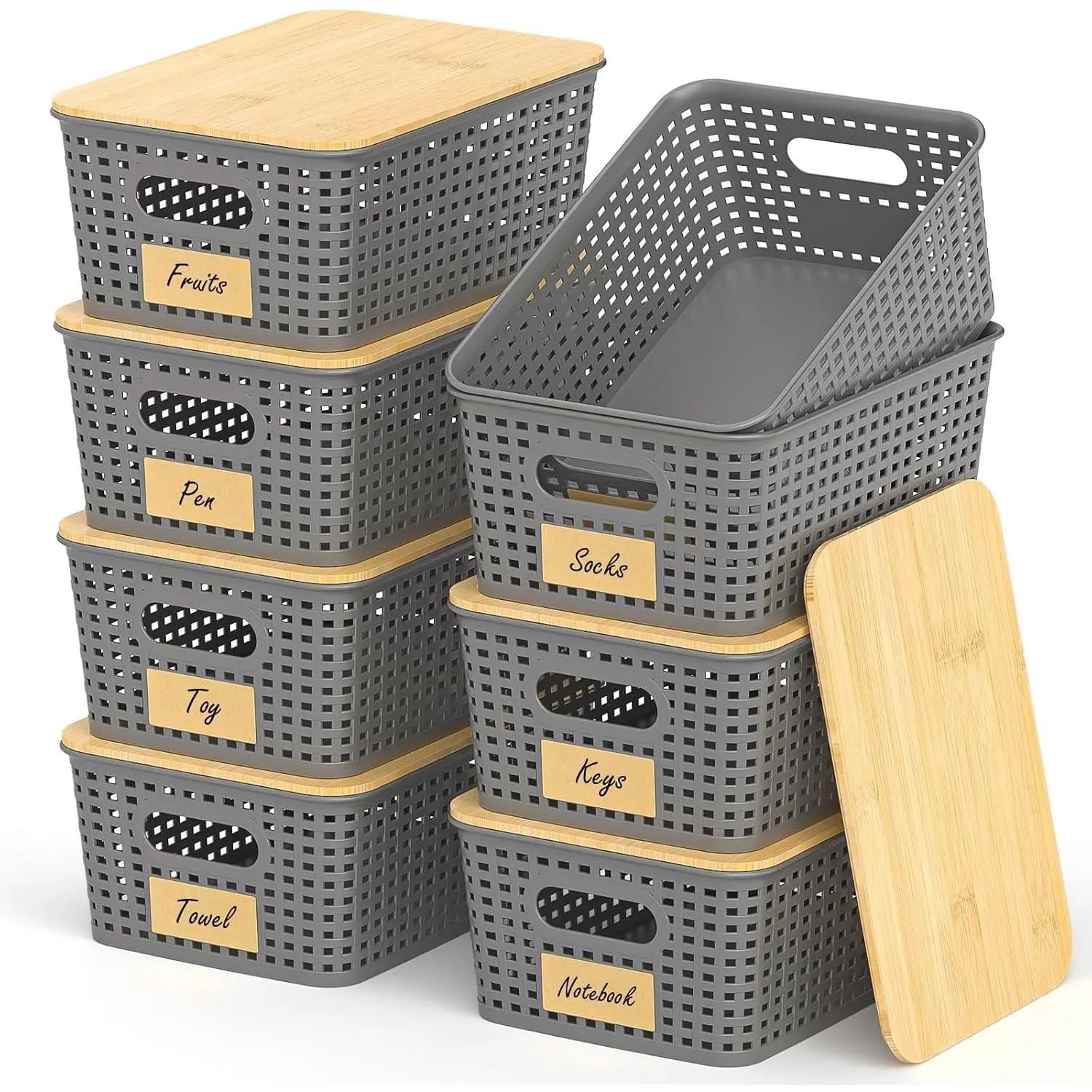 Stackable Storage Basket: Plastic Baskets Bins, Baskets for Organizing, Pantry Decorative Containers for Closets, Cabinets, Shelves(8 Pack, Grey)