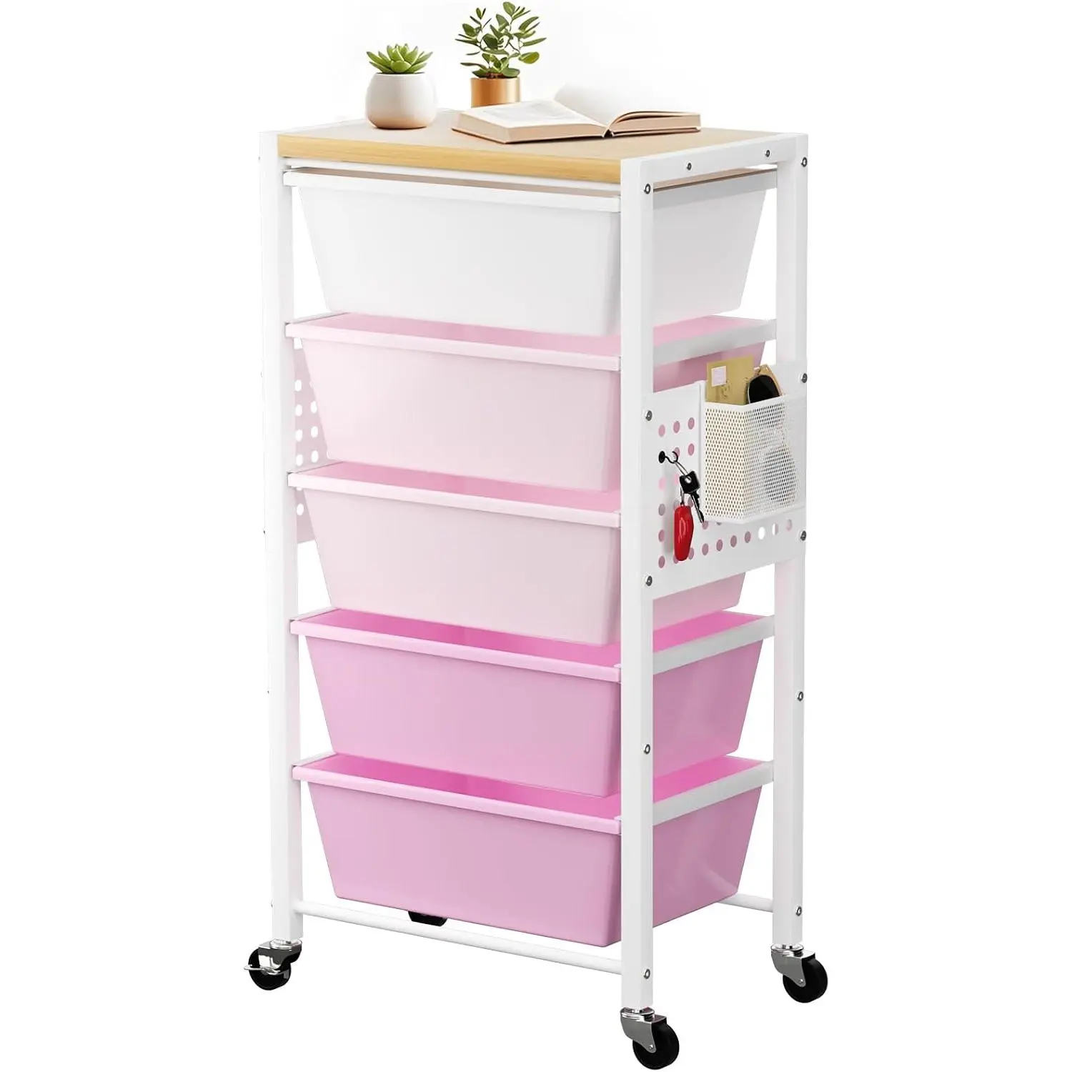 Rolling Cart with 5 Drawers, Plastic Drawer Storage Carts with Wheels & Wooden Tabletop, Metal Utility Cart with Pegboards, Office Living Room Classroom Craft Organization and Storage, Bright Pink