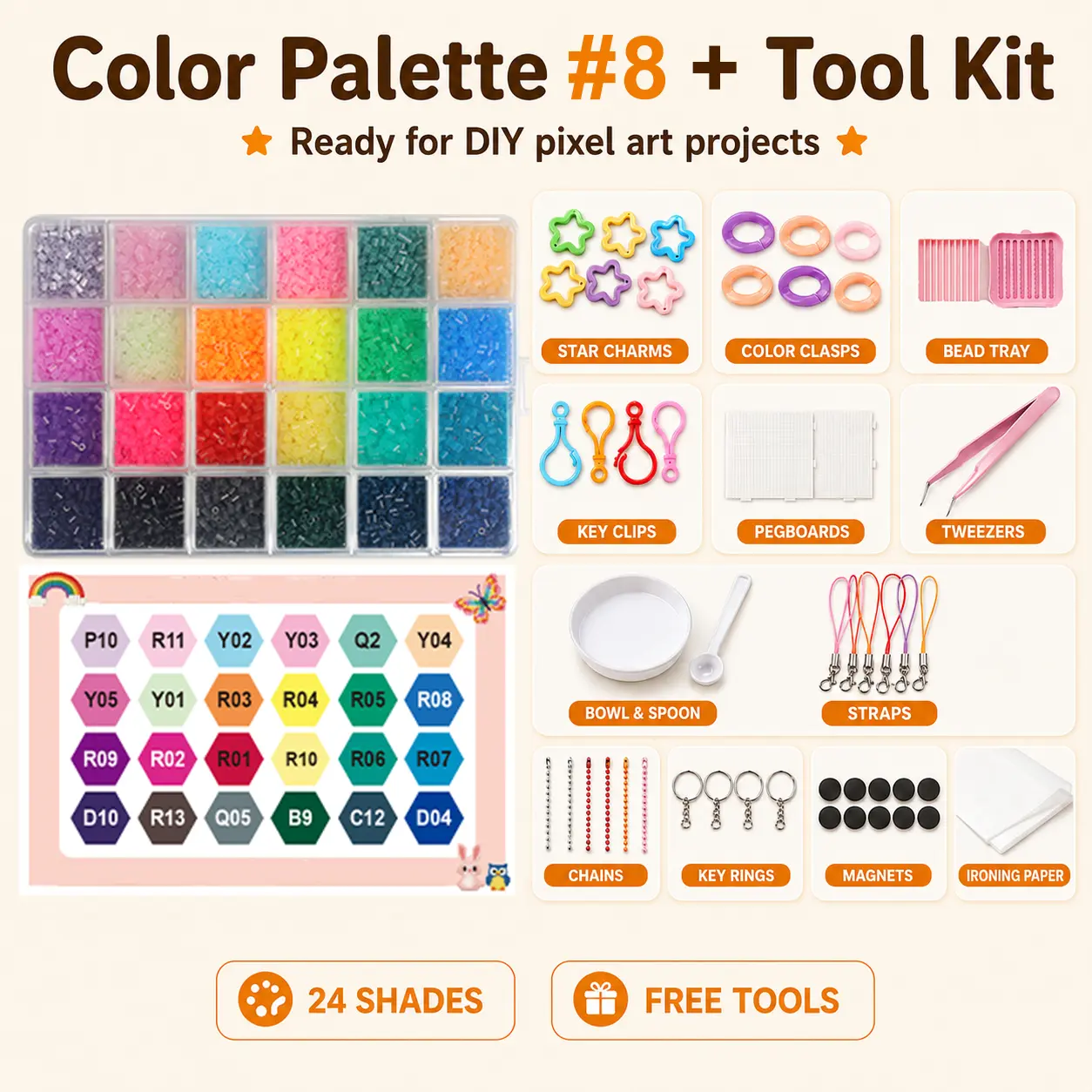 PomCraft Palette #8 Portrait Tone Mini Fuse Beads, Soft Neutral 2.6mm Pixel Beads with Tool Kit for Character, Face, Figure, and Avatar Art