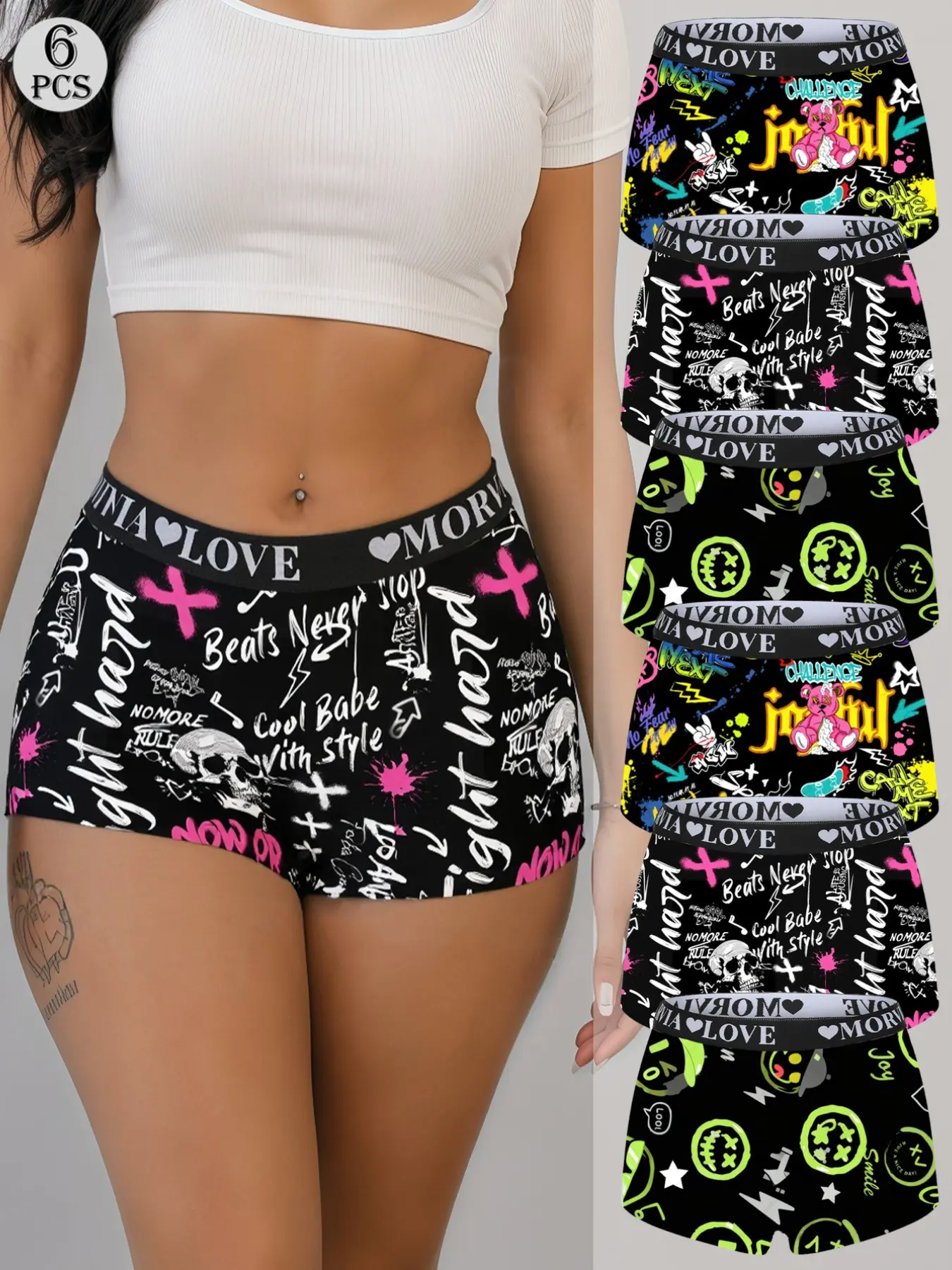 Morvia 6-Pack Funny Graphic Underwear for Women, Punk Skull-Graphic Neon-Print Boyshort Panties, Cool Birthday Gift, Edgy Streetwear, Everyday
