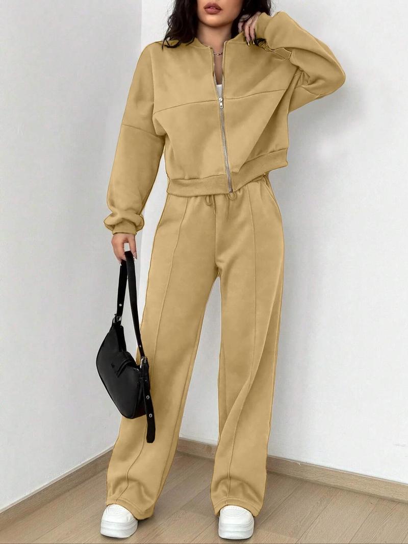 Women's Solid Zip Up Crop Jacket & Drawstring Waist Pants Two-piece Set, Casual Fashion Drop Shoulder Long Sleeve Top & High Waist Trousers for Daily Outdoor Wear, Women's Clothing for Spring & Fall