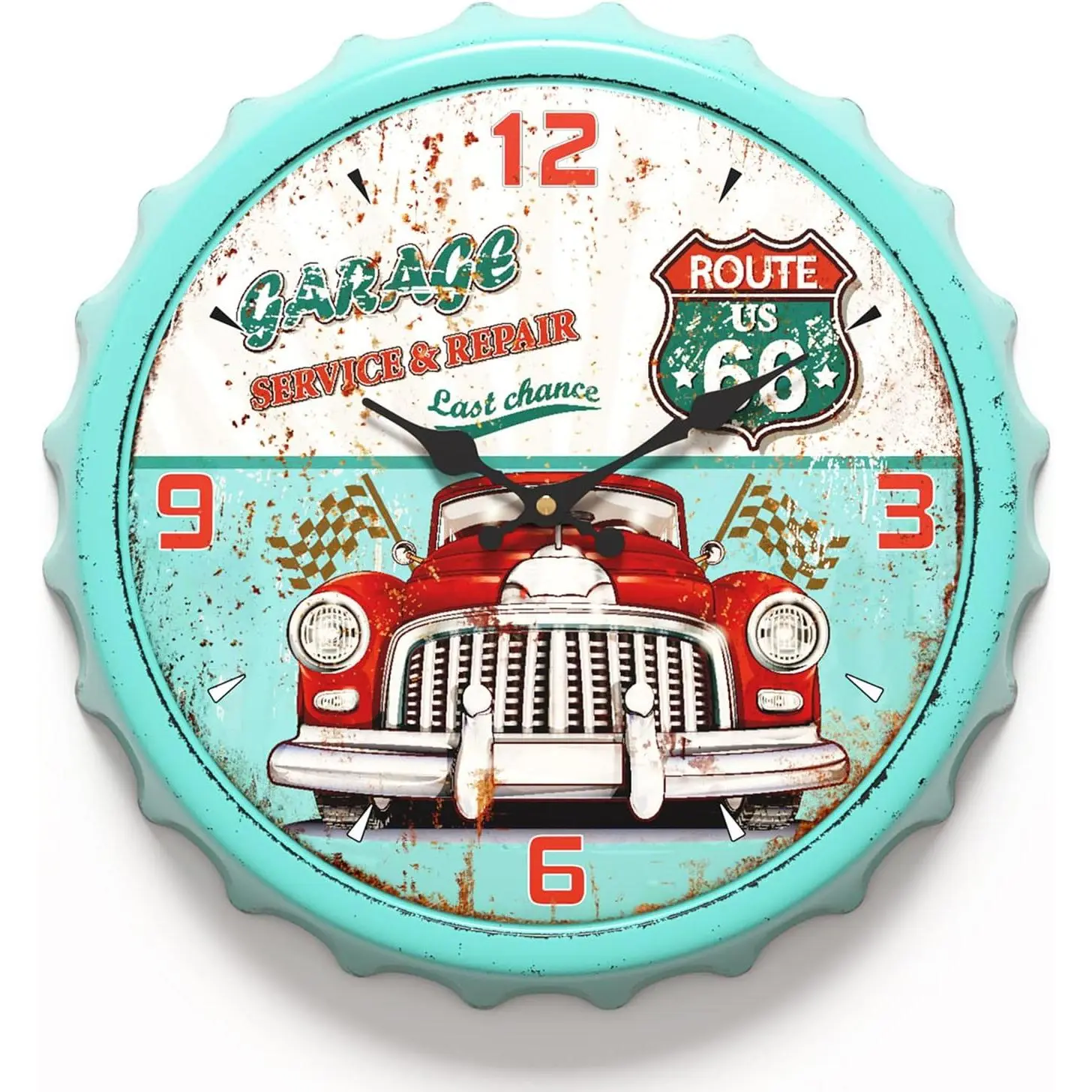 Bottle Cap Design Iron Retro Wall Clock,13" Green  Style | Silent  Operated Antique Decor Wall Clocks for Garage,,Office, bar,Cafes,Kitchen,School