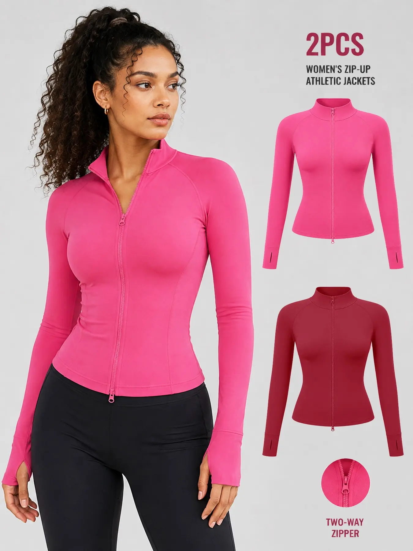 Women's Fitness Jacket Lightweight Zipper Slim Fit Yoga Sports Wear Elastic Wrinkle Running Jacket with Thumb Hole Design 2pcs Long Sleeve