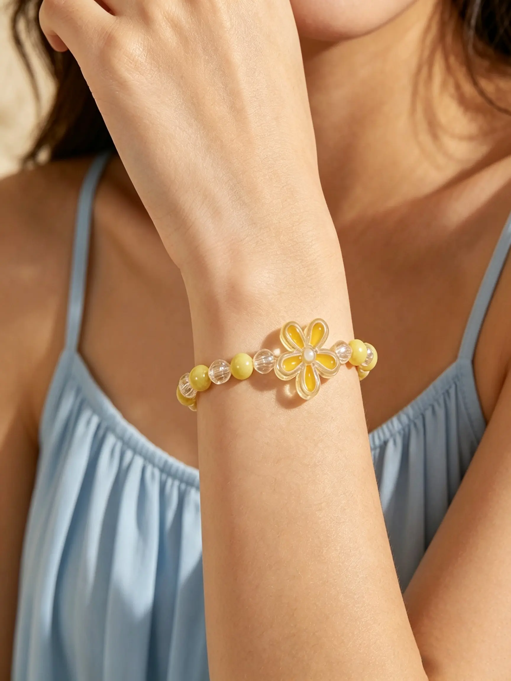 8pcs Boho Style Colorful Flower Elastic Bracelet Set, Crystal Bead Wristbands, Perfect Gift for Daily Commute, Random Colors