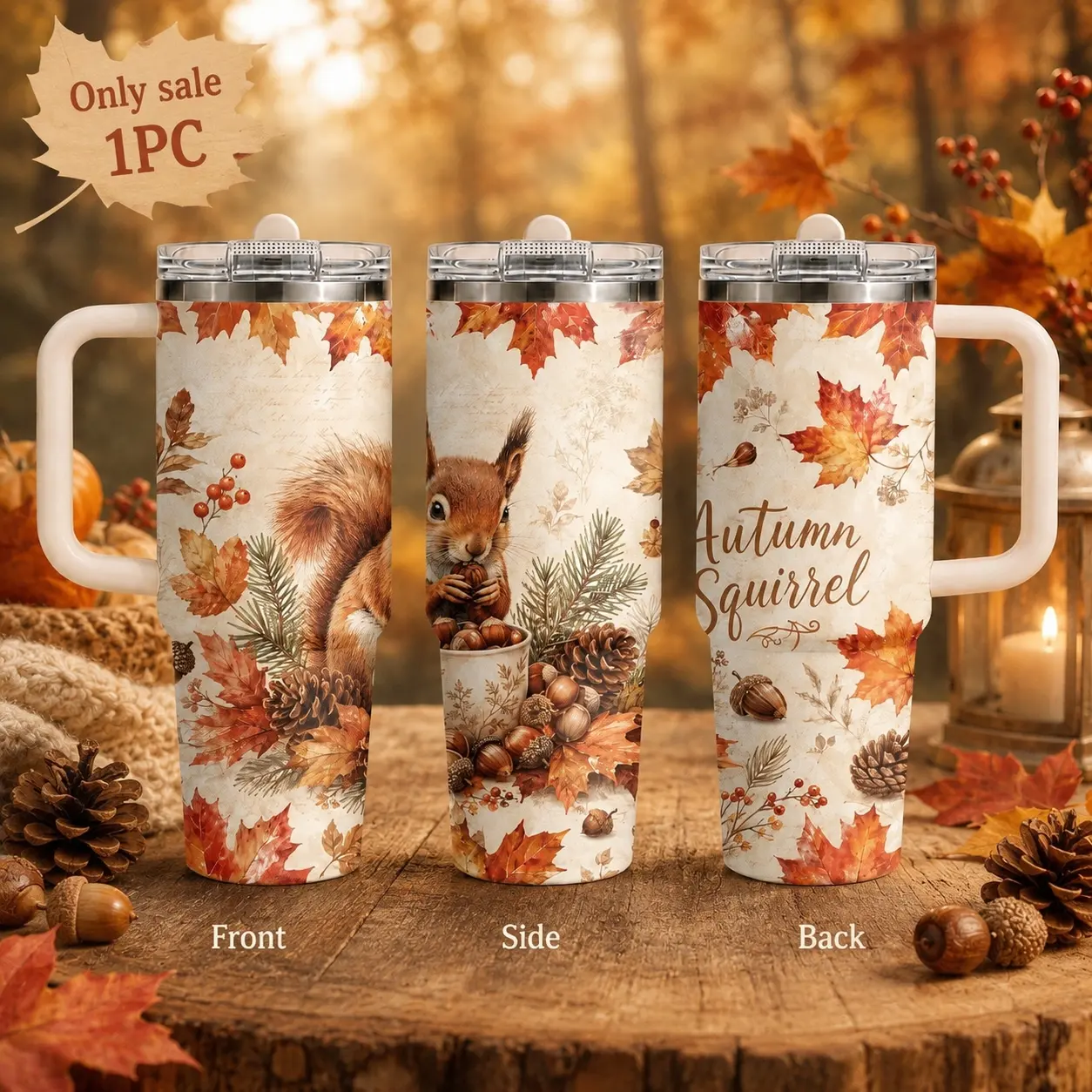 Thanksgiving squirrel hedgehog fox Water Bottles 40oz 3rd Gen Vacuum Insulated Tumbler with Handle & Straw Lid, Leak-Proof Stainless Steel Travel Mug for Water, Coffee, Gym, Office, Car Cup Holder
