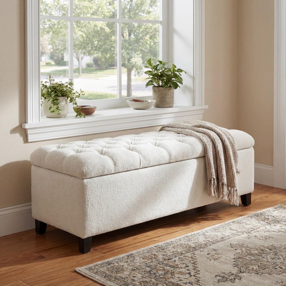 Ottoman Bench with Storage, White Boucle Surface, Rubber Wood Legs, 300 lbs Capacity