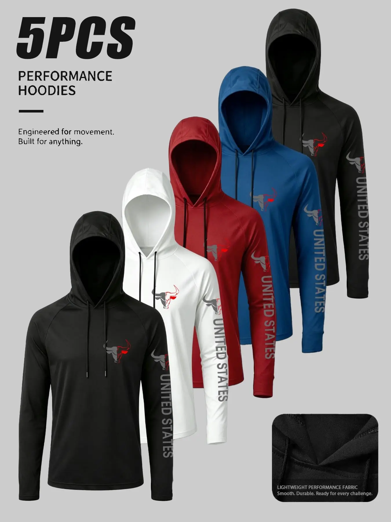 Bull Head Graphic Raglan Sleeve Performance Hoodies, Drawstring Pullover Hooded Tops with Arm Letter Print, Smooth Lightweight Wear-resistant Fabric for Sports Training, Daily Casual and Outdoor Daily Activities