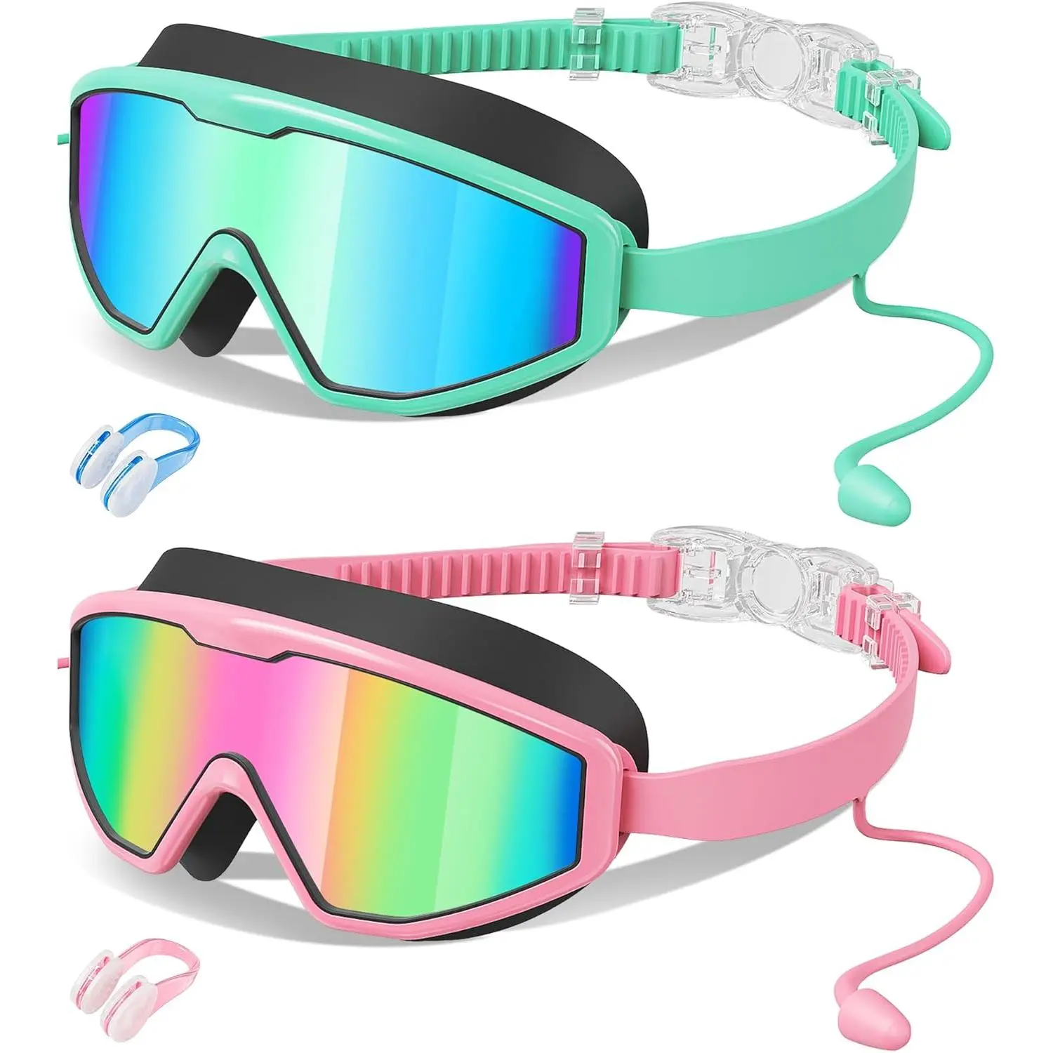 outdoors Kids Swim Goggles Wide View Anti-Fog UV Protection No Leak with Earplugs |   Nose Clip, Swimming Goggles for Kids 3-14, Children Swim Mask, Boys Girls Teens, Pool Beach , Beach Must Have