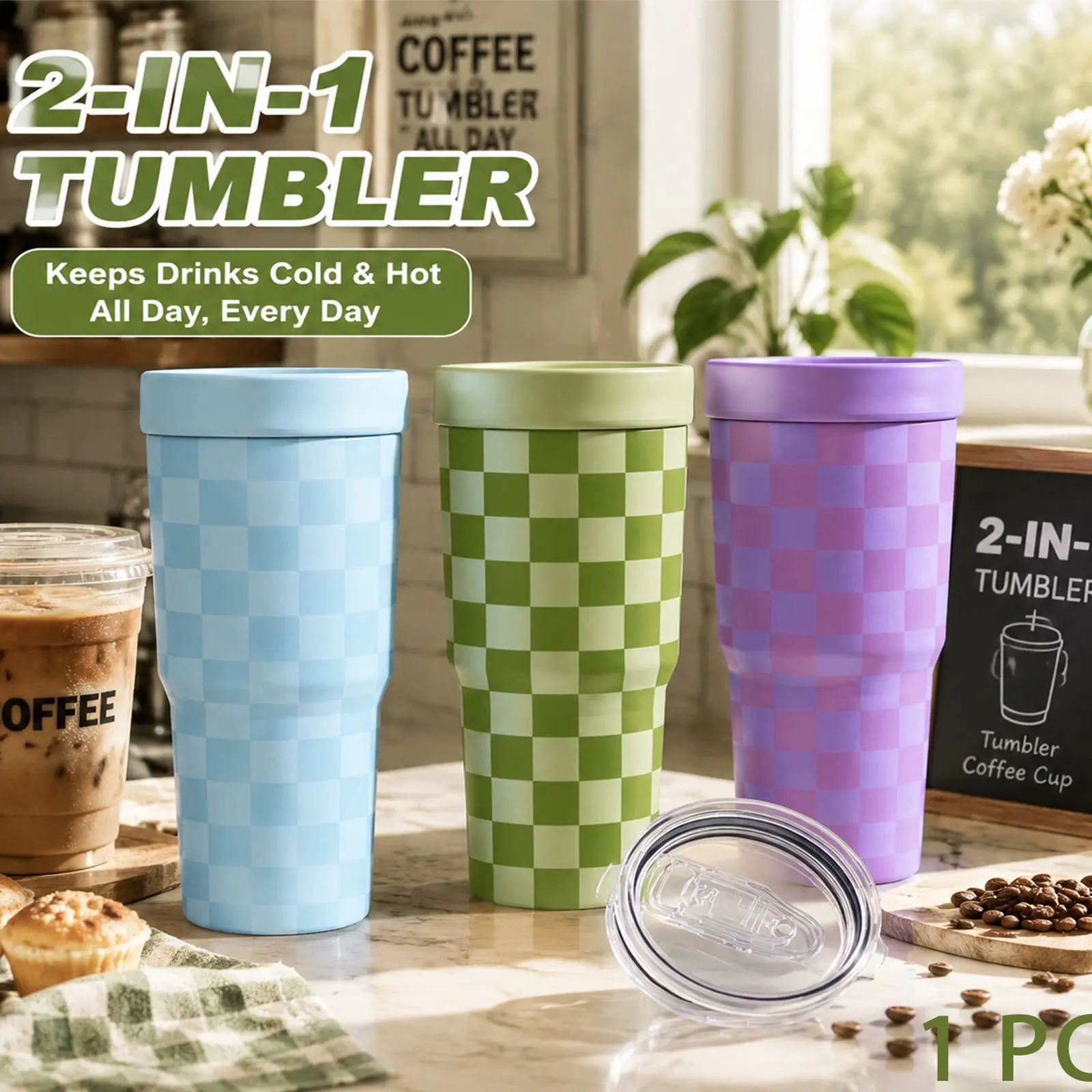 1PC 32oz Checkerboard 2-in-1 Insulated Tumbler & Iced Coffee Cup Sleeve, Leak-Proof Double Wall Stainless Steel Travel Mug, Cold 12+H & Hot 6+H, Fits 16–24oz To-Go Cups, Cup Holder Friendly, Halloween, Thanksgiving & Christmas Gift for Friends & Family